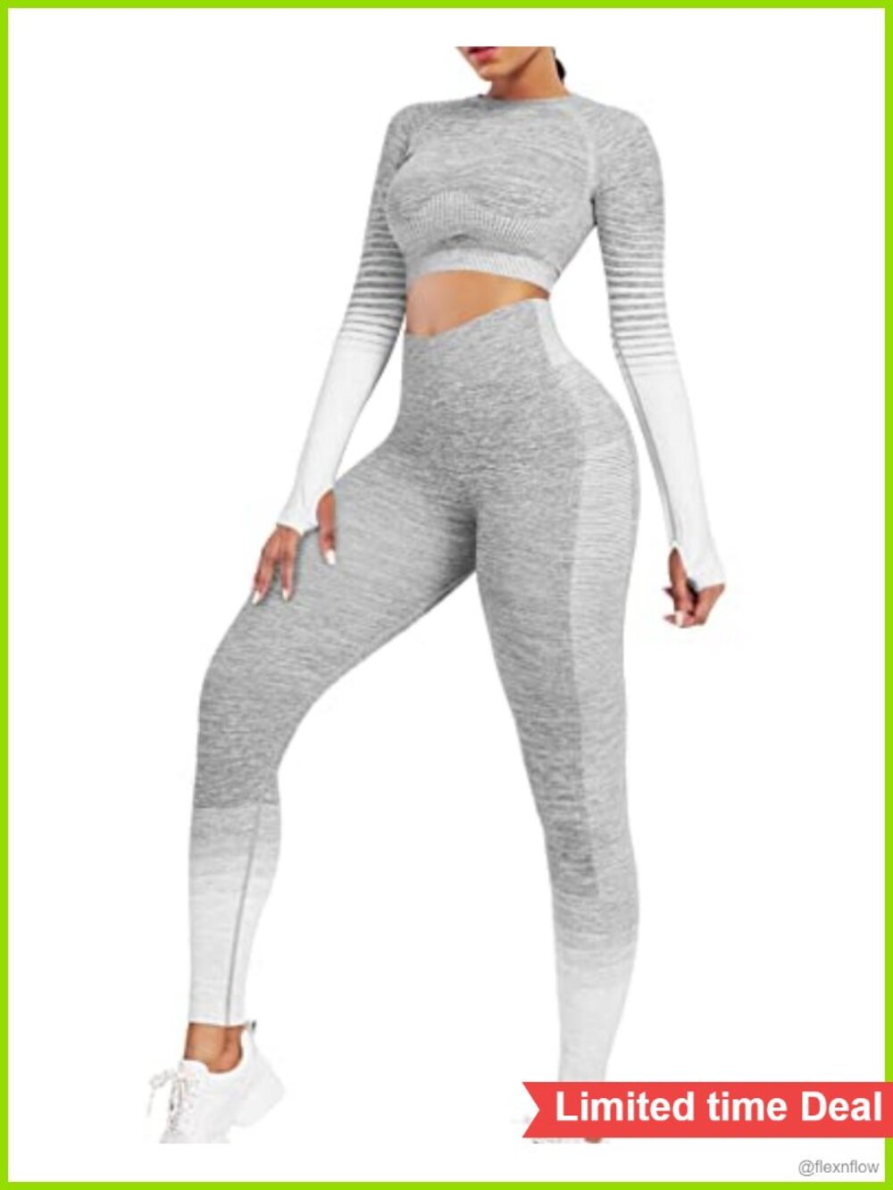 2 Piece Workout Set Long Sleeve Seamless Ribbed Crop Top High Waist Leggings